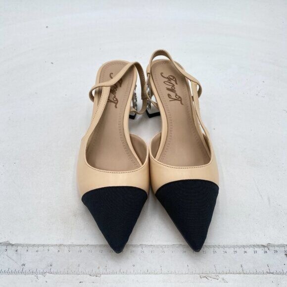 FOWT Light Apricot Rhinestone Chunky Heel Pumps Pointed Cap Toe Slingback Sandal - Picture 3 of 8